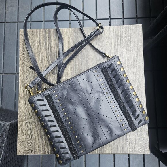 Lucky Brand Black Leather Studded Crossbody Bag with Adjustable Removable Strap - Picture 15 of 15